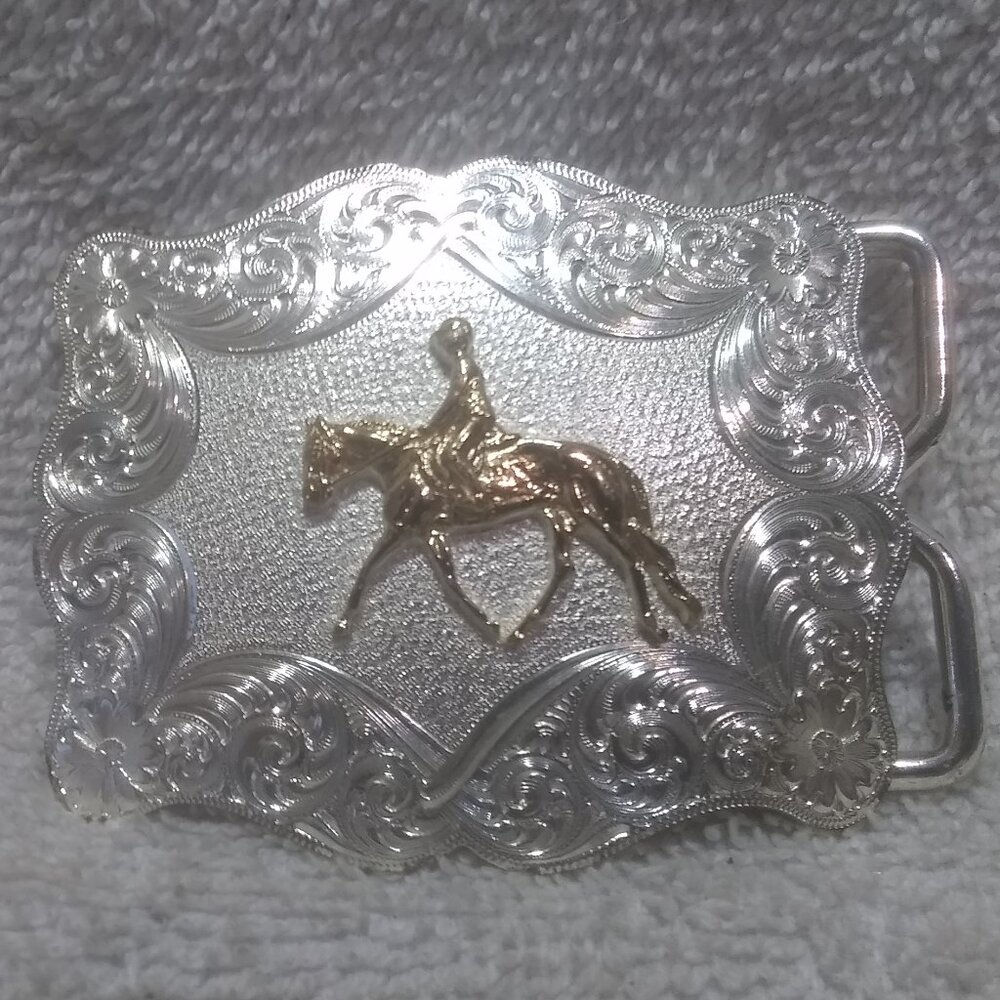 Montana Silversmiths Gold Horse With Rider Silver Flower Filigree Small Buckle